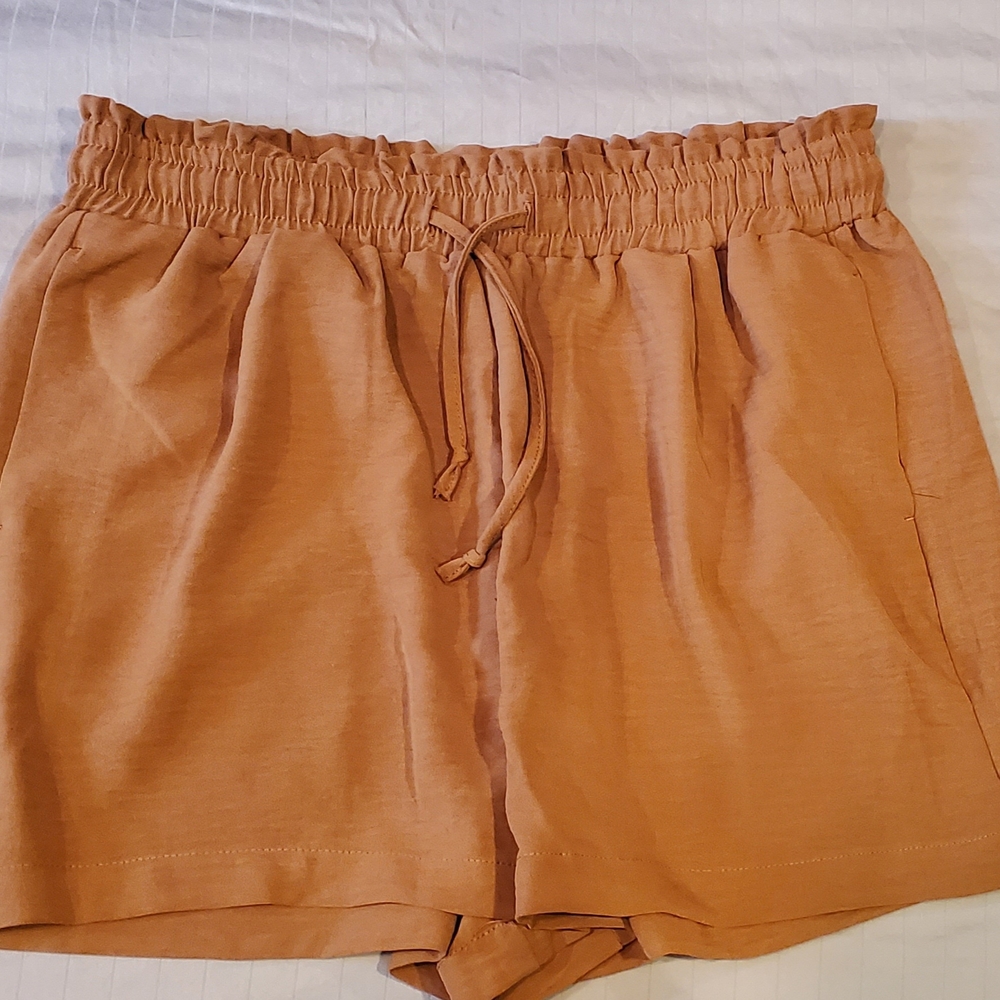 High Waist Tan Shorts with Elastic Waistband